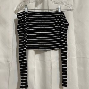 Black and White Striped Off the Shoulder Long Sleeve Cropped Top